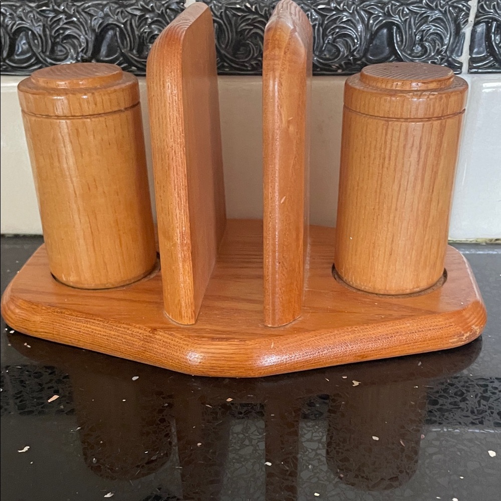 Mid Century Modern Wooden Napkin Rack with Shakers—1950’s